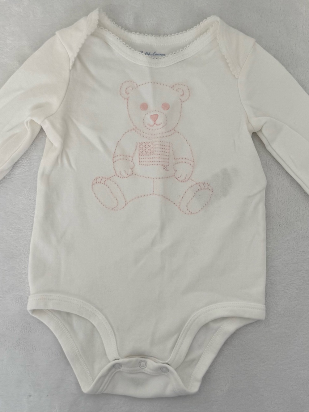 Polo by Ralph Lauren White Long-Sleeve Bodysuit with Pink Teddy Stitch